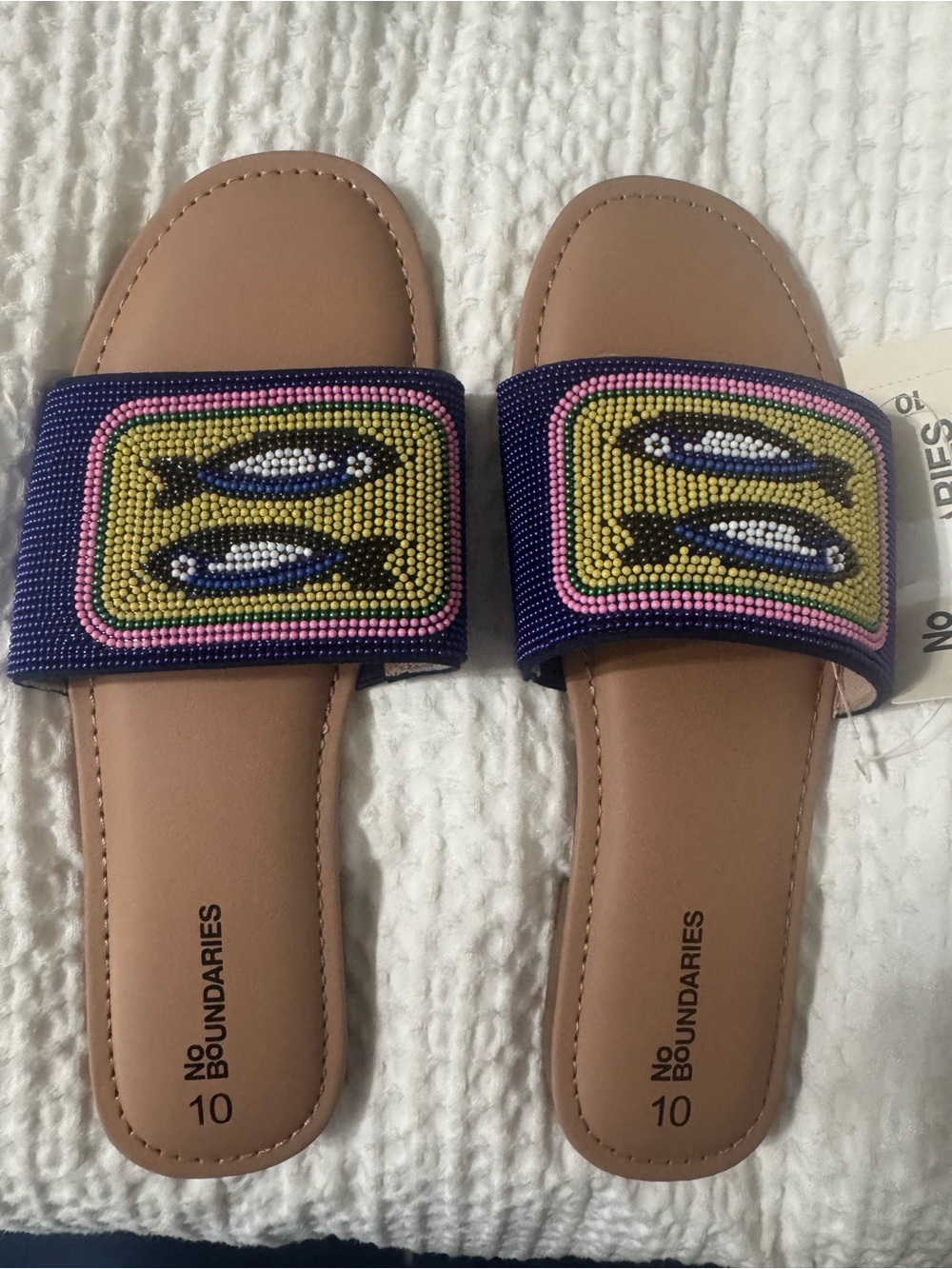 Sardine Beaded Slide Sandals with Tan Footbed